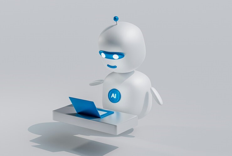 Robot bianco e blu con la scritta AI davanti a un PC